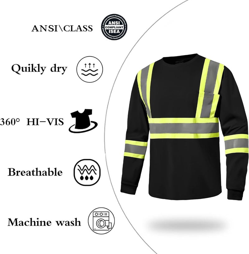 DPSAFETY Hi Vis Safety Long Sleeve Shirts，High Visibility Class 3 T Shirts with Reflective Strips and Pocket, Quick Dry Mesh Construction Work Shirt for Men/Women (Black,6XL) - Image 2